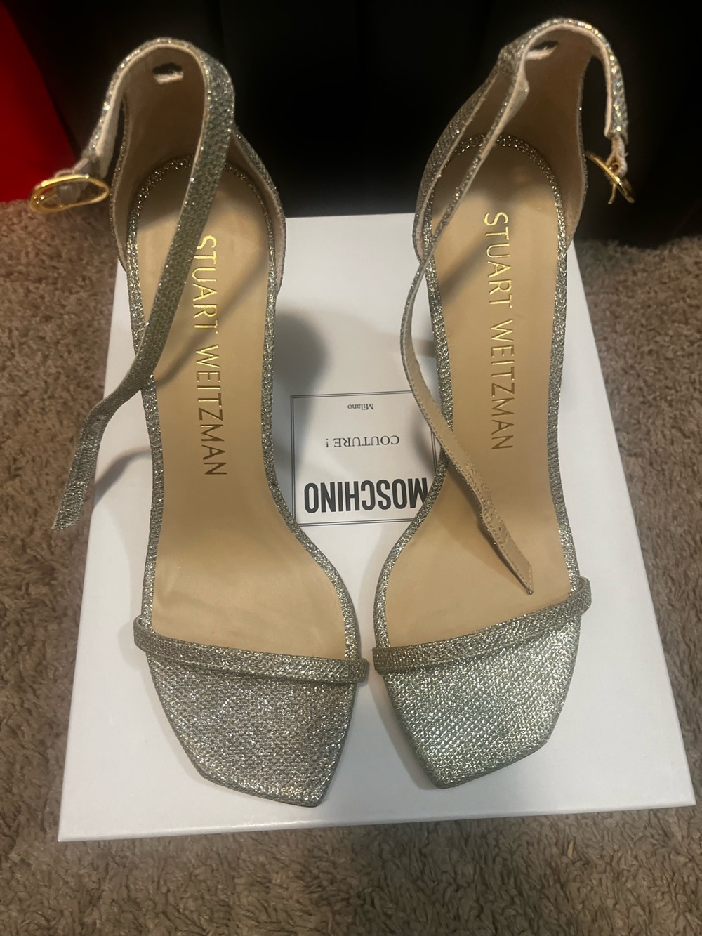 Stuart Weitzman Glitter Silver Ankle-Strap Heels